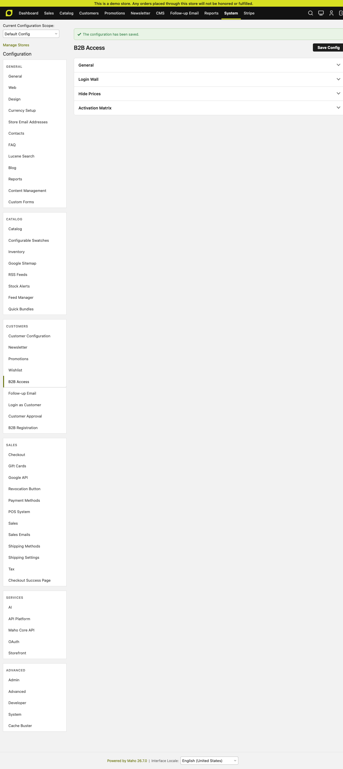 B2B Access — General + Login Wall + Hide Prices + Activation Matrix