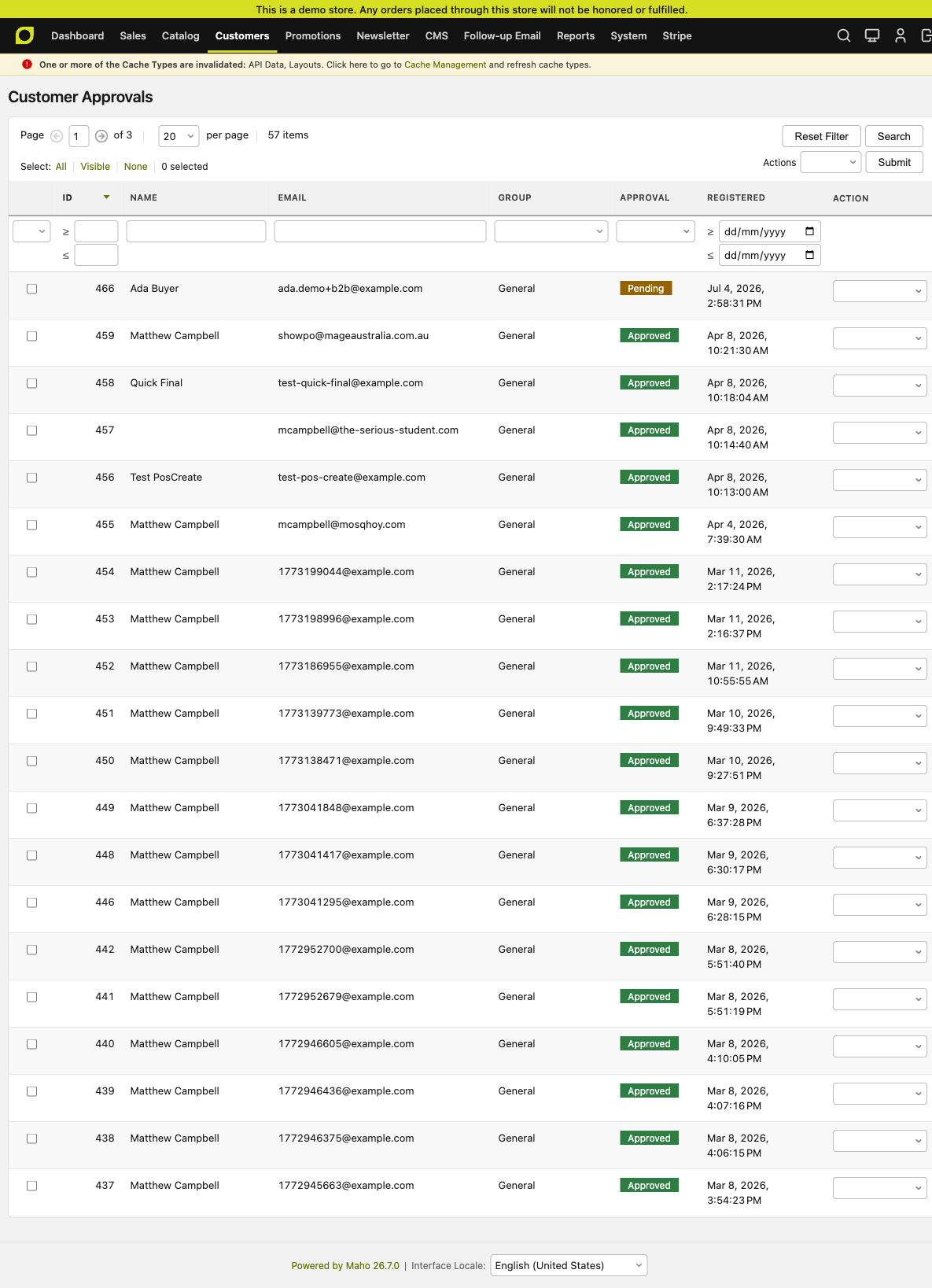 Customer Approvals grid — pending signups with Approve / Decline actions
