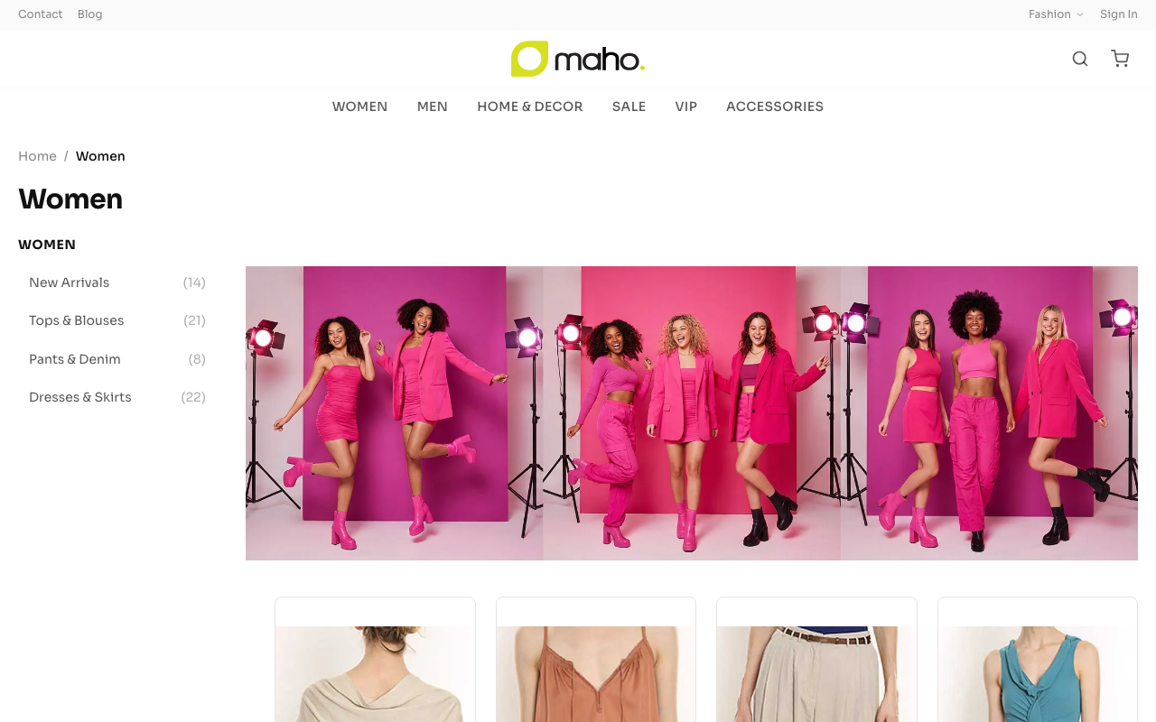 Category page — sidebar filters, product grid, header navigation